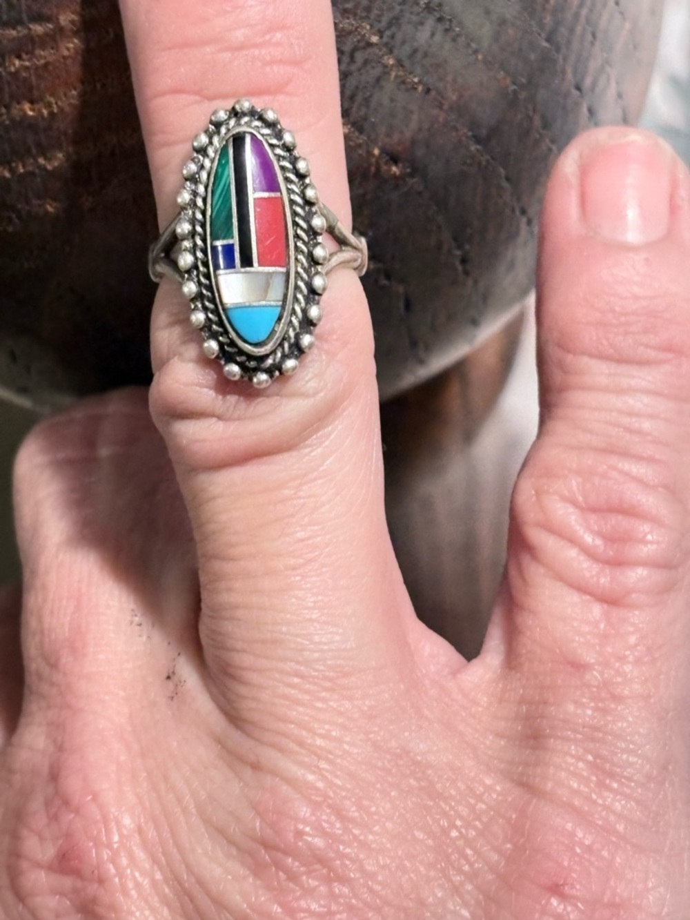 Sterling Silver Multicolor Inlay Oval Ring - Turquoise, Red, Purple, Green